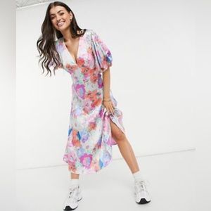 ASOS Designs Satin MIDI Tea Dress in bright floral